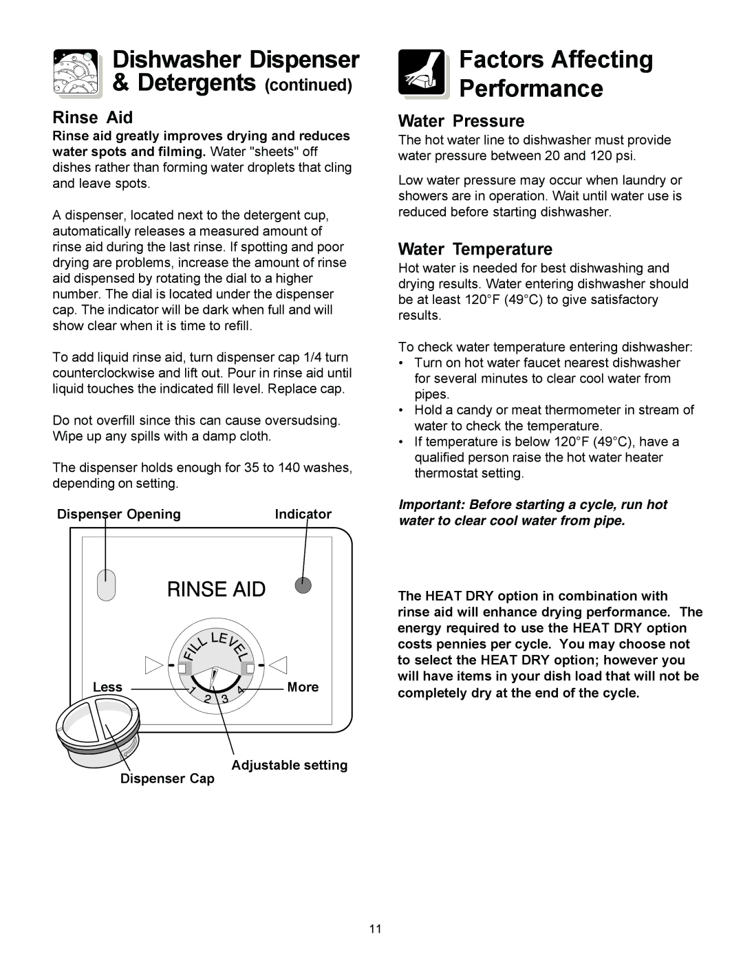 Frigidaire 1000 Series warranty Dishwasher Dispenser Detergents, Factors Affecting Performance, Rinse Aid, Water Pressure 