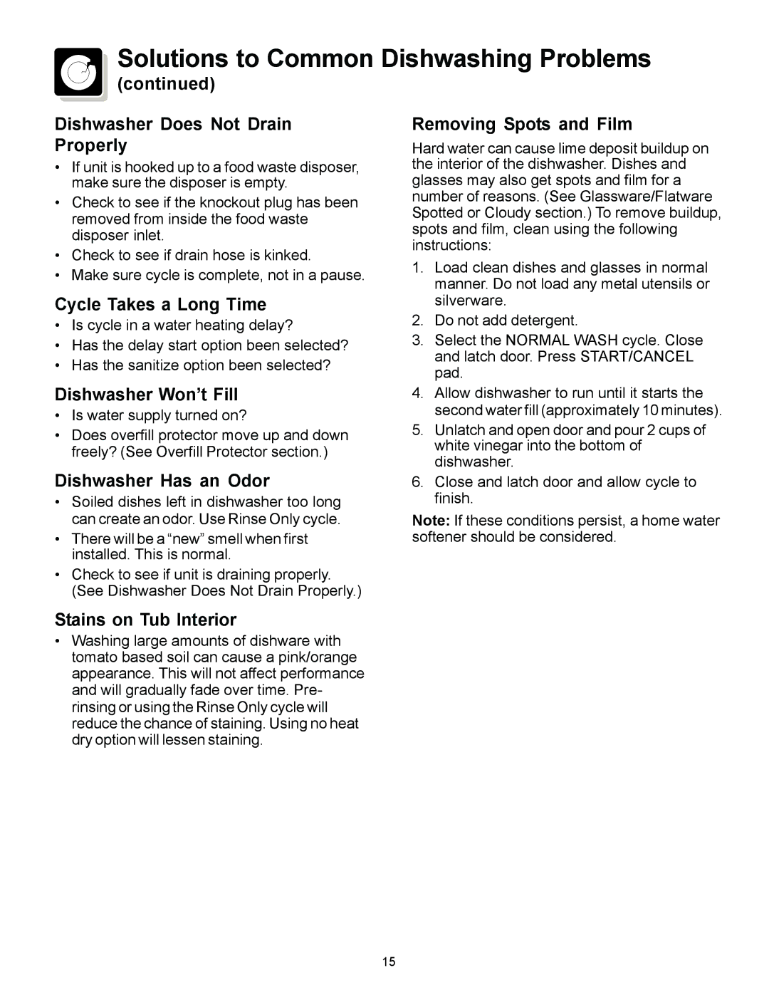 Frigidaire 1000 Series warranty Dishwasher Does Not Drain Properly, Cycle Takes a Long Time, Dishwasher Won’t Fill 