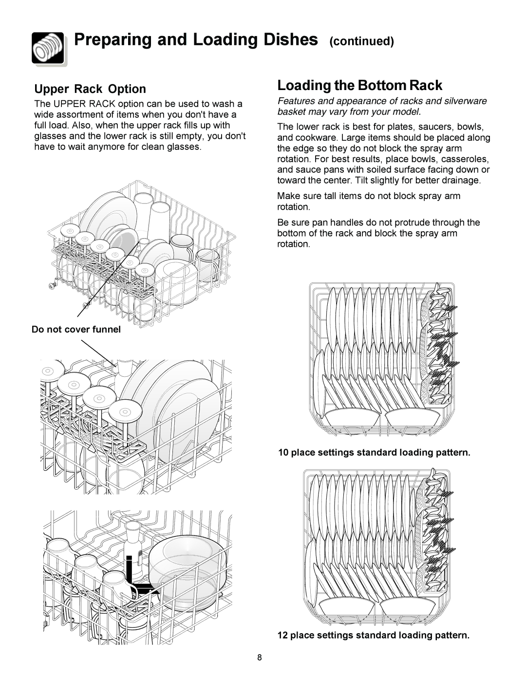 Frigidaire 1000 Series warranty Loading the Bottom Rack, Upper Rack Option 