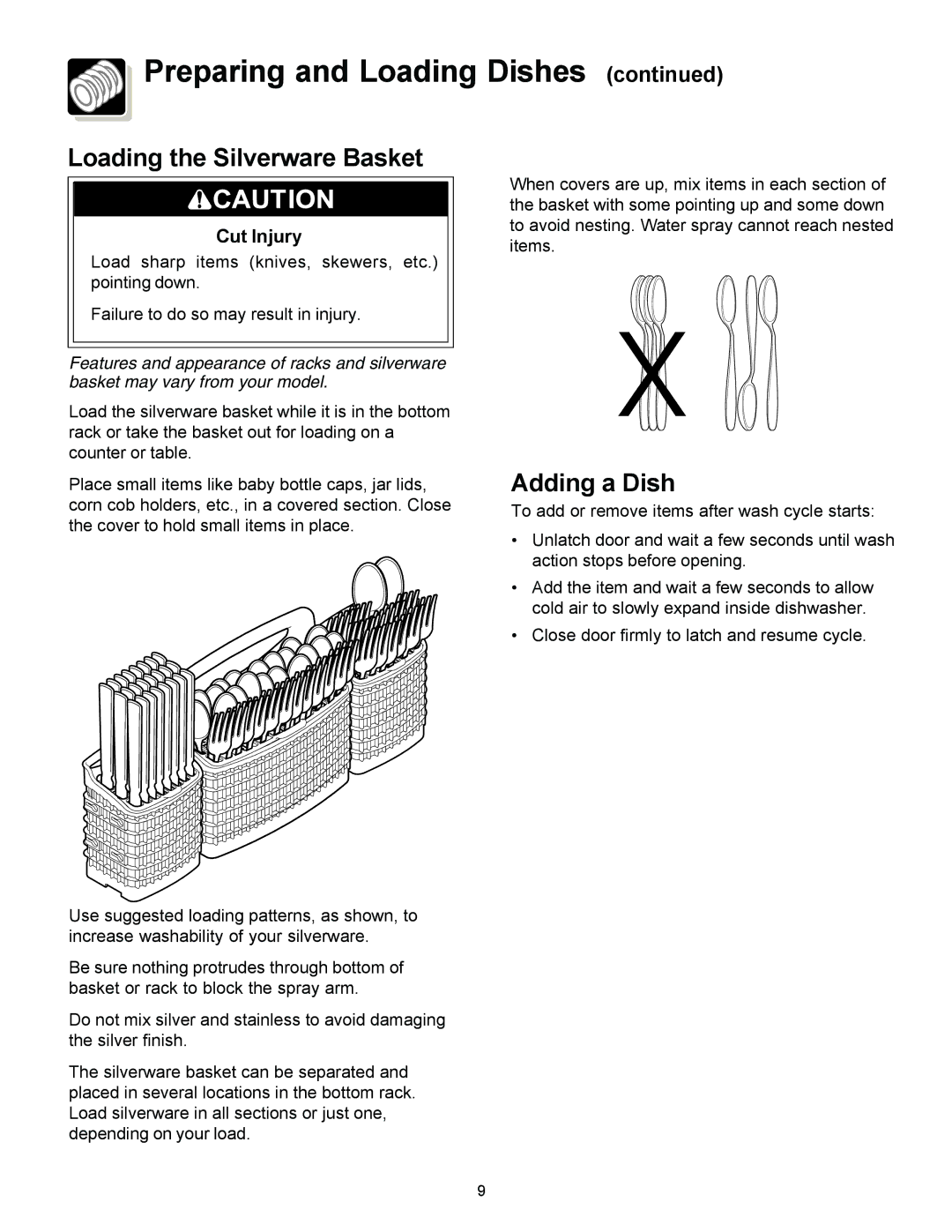 Frigidaire 1000 Series warranty Loading the Silverware Basket 