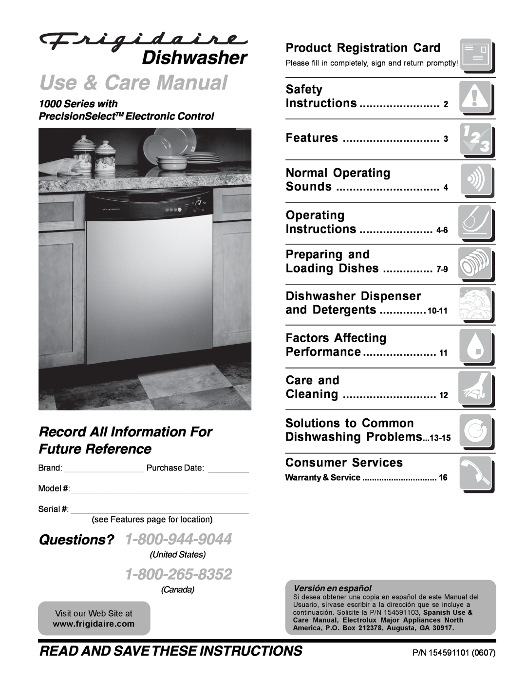 Frigidaire 1000 Series warranty Product Registration Card, Safety, Normal Operating, Preparing and, Dishwasher Dispenser 