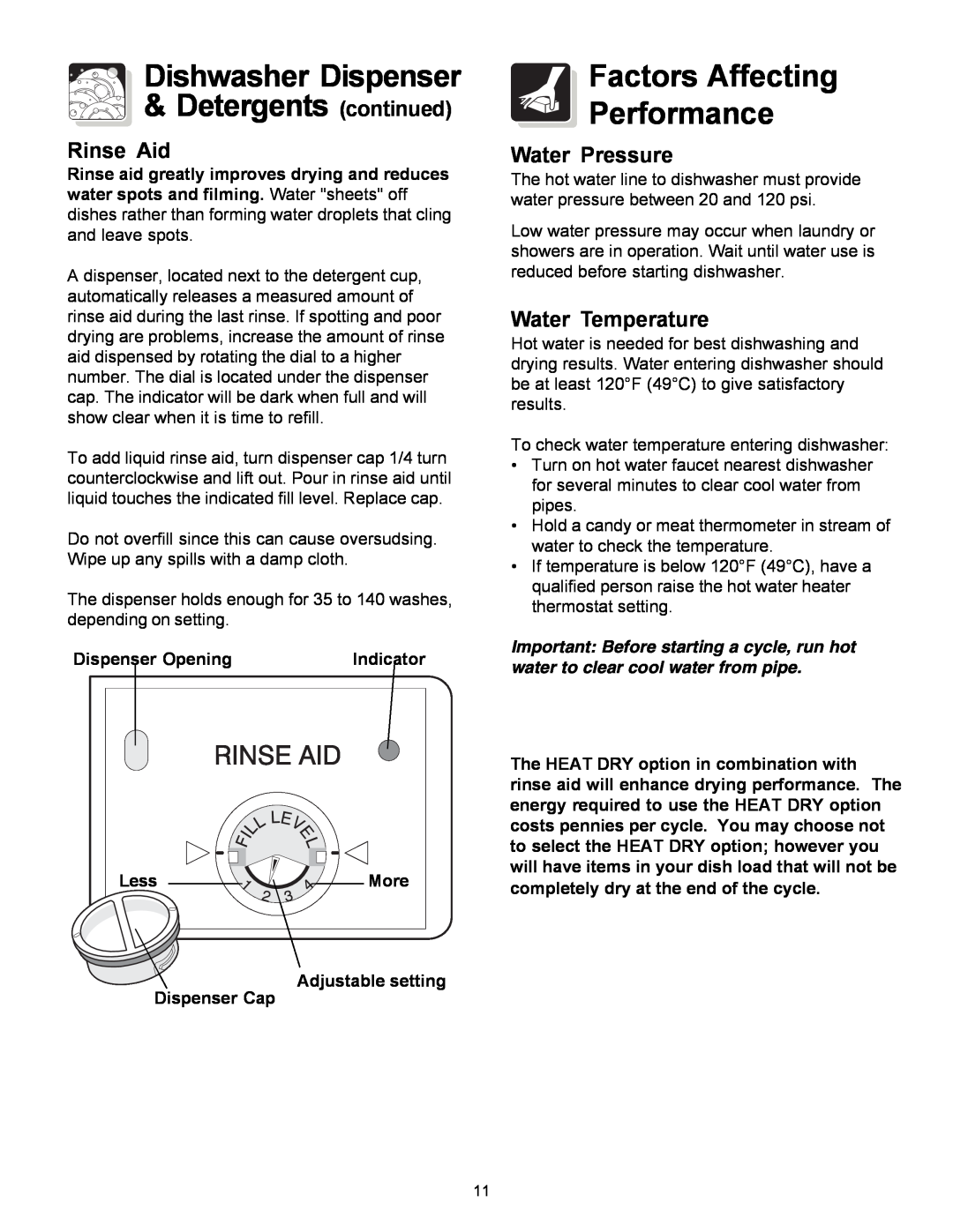 Frigidaire 1000 Series Dishwasher Dispenser Detergents continued, Factors Affecting Performance, Rinse Aid, Water Pressure 
