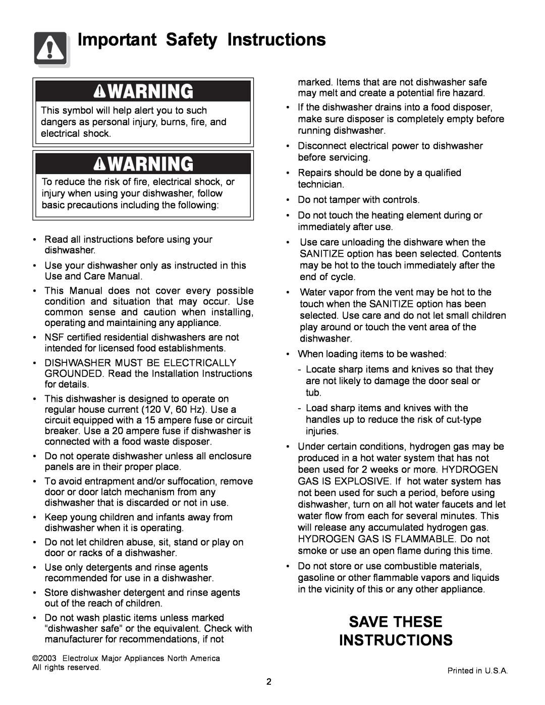 Frigidaire 1000 Series warranty Important Safety Instructions, Save These Instructions 