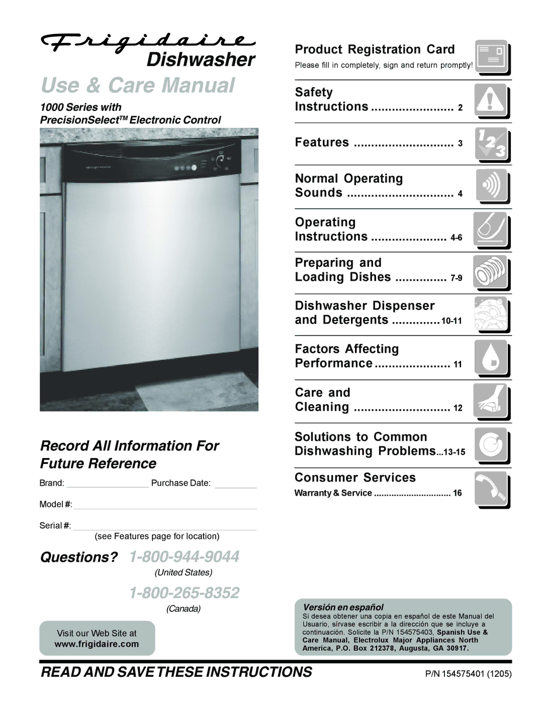 Frigidaire 1000 warranty Product Registration Card, Safety, Normal Operating, Preparing, Dishwasher Dispenser Detergents 