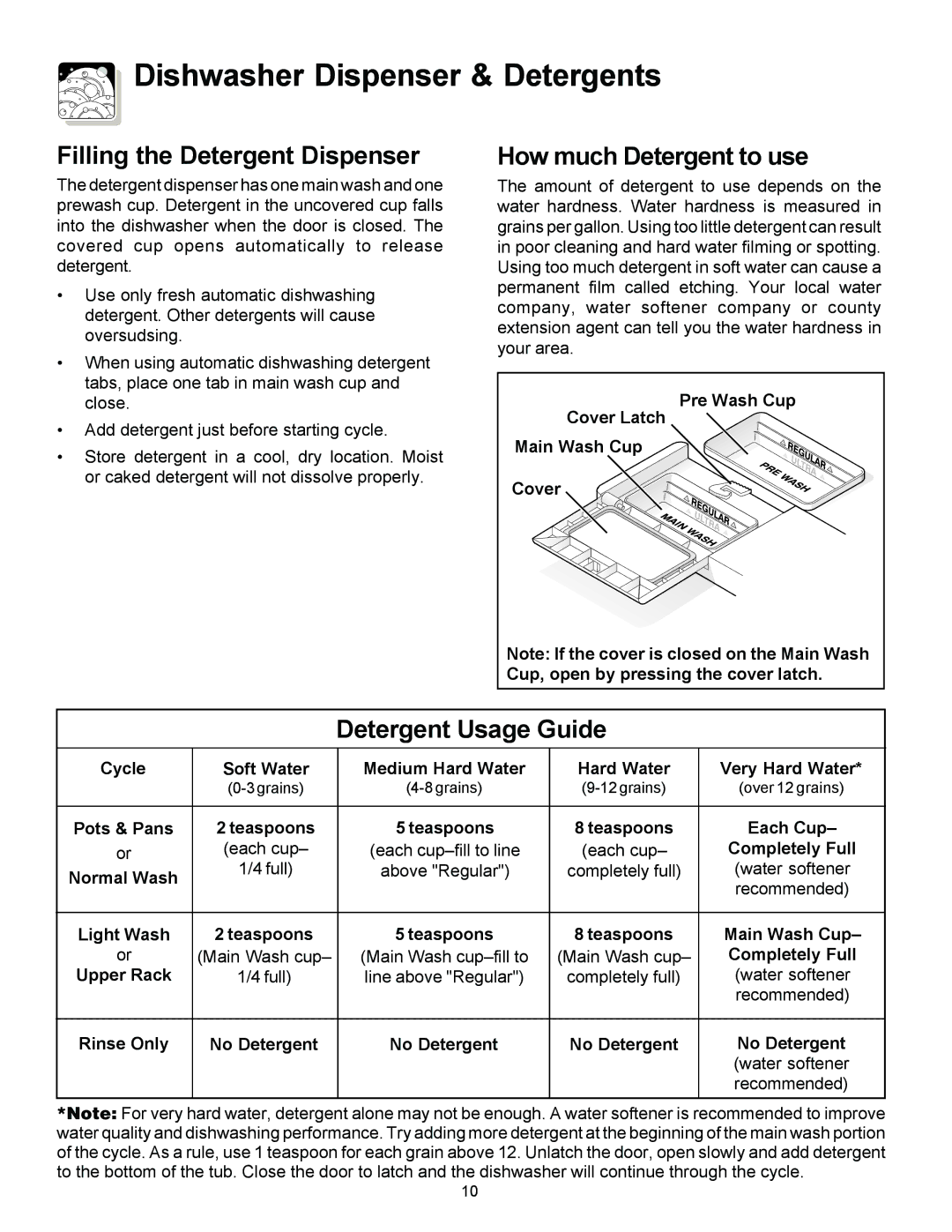 Frigidaire 1000 warranty Dishwasher Dispenser & Detergents, Filling the Detergent Dispenser 