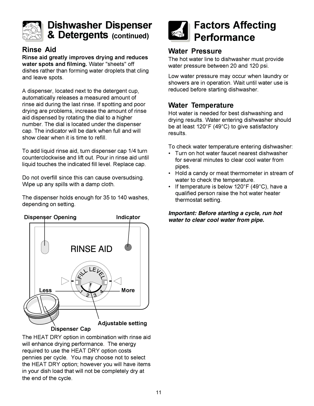 Frigidaire 1000 warranty Dishwasher Dispenser Detergents, Factors Affecting Performance, Rinse Aid, Water Pressure 