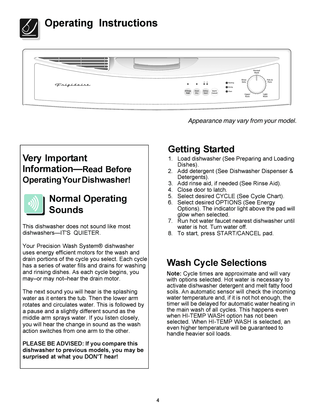 Frigidaire 1000 Operating Instructions, Very Important Information-Read Before, Normal Operating Sounds, Getting Started 