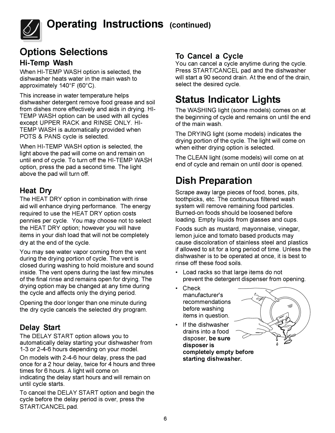 Frigidaire 1000 warranty Options Selections, Status Indicator Lights, Dish Preparation 