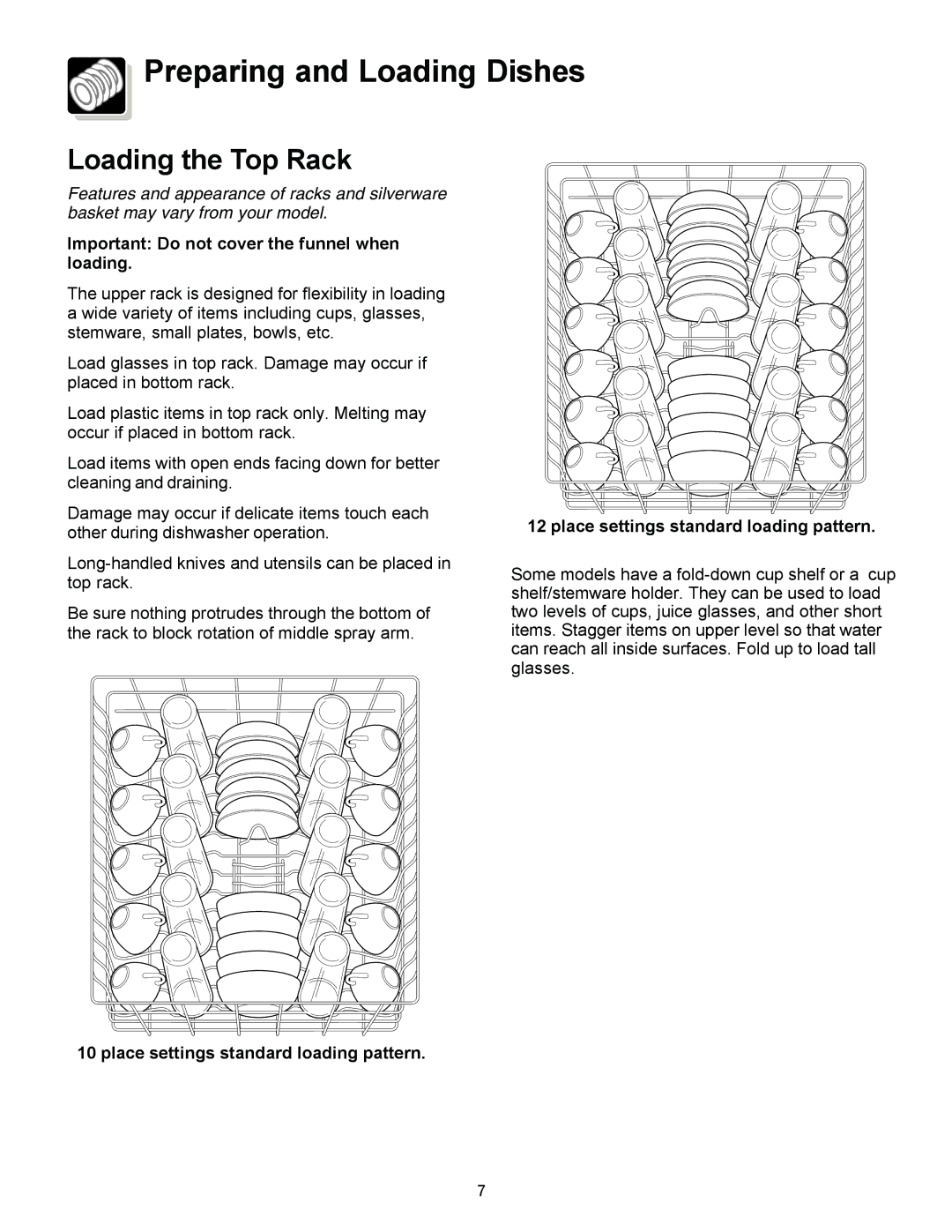 Frigidaire 1000 warranty Preparing and Loading Dishes, Loading the Top Rack 