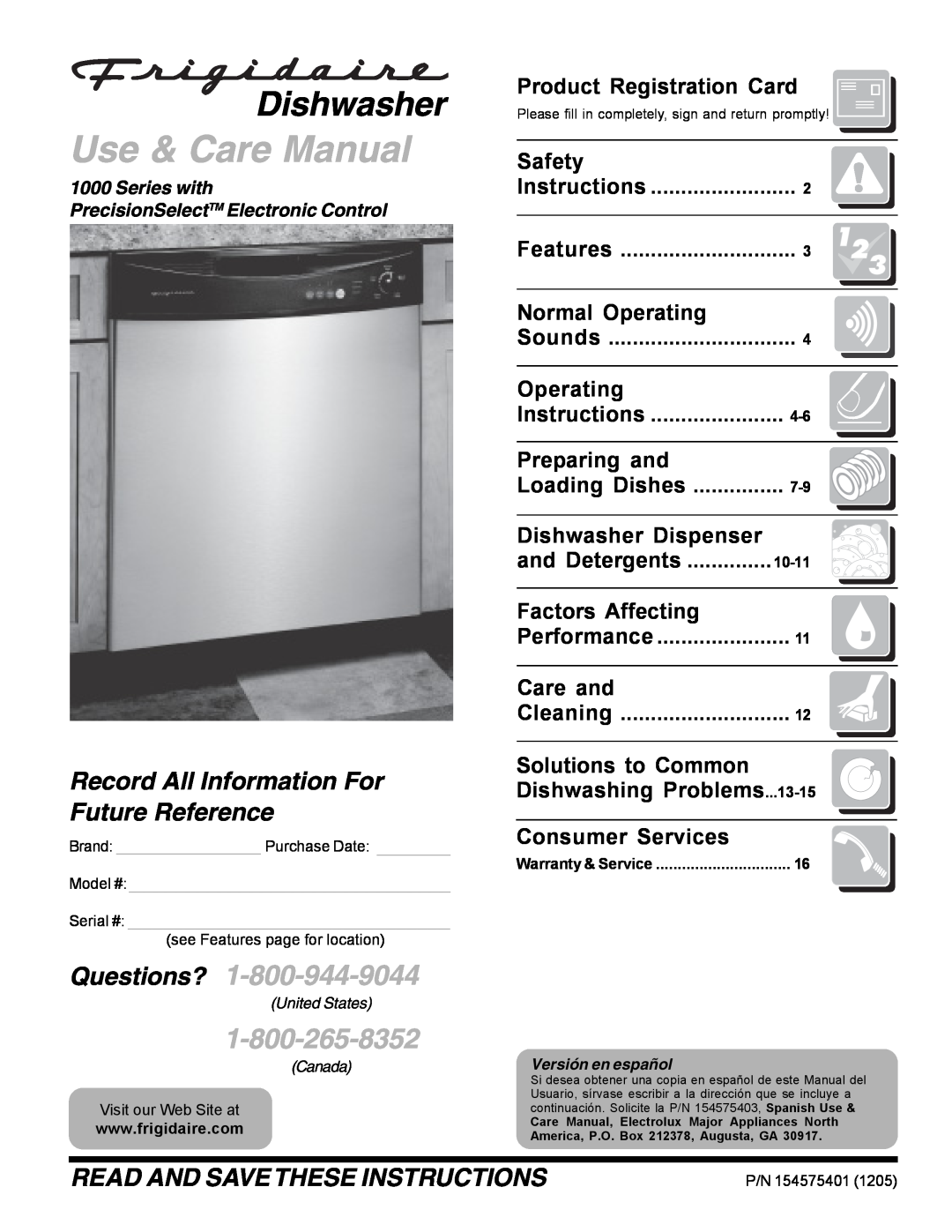 Frigidaire 1000 warranty Product Registration Card, Safety, Normal Operating, Preparing and, Dishwasher Dispenser 
