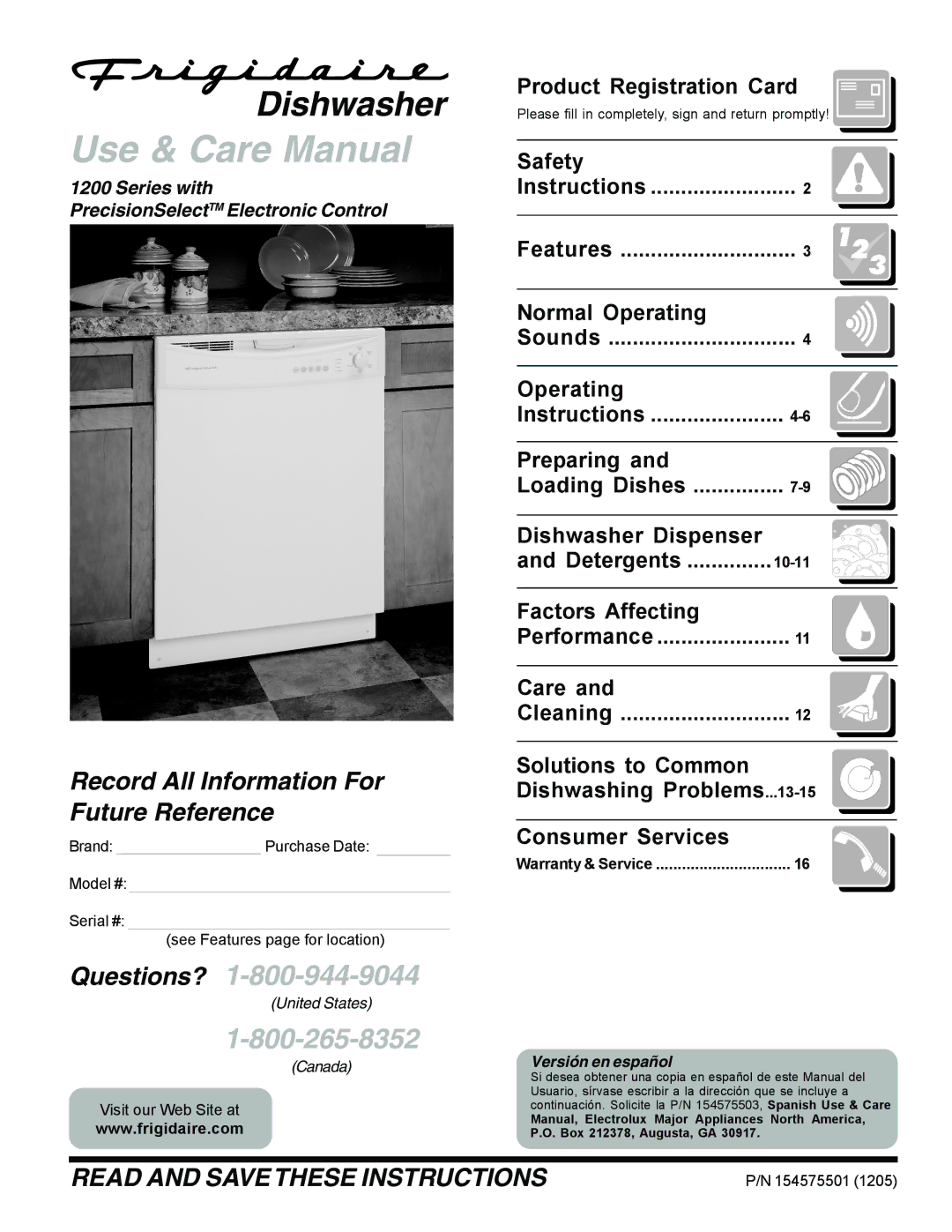 Frigidaire 1200 warranty Product Registration Card, Safety, Normal Operating, Preparing, Dishwasher Dispenser Detergents 