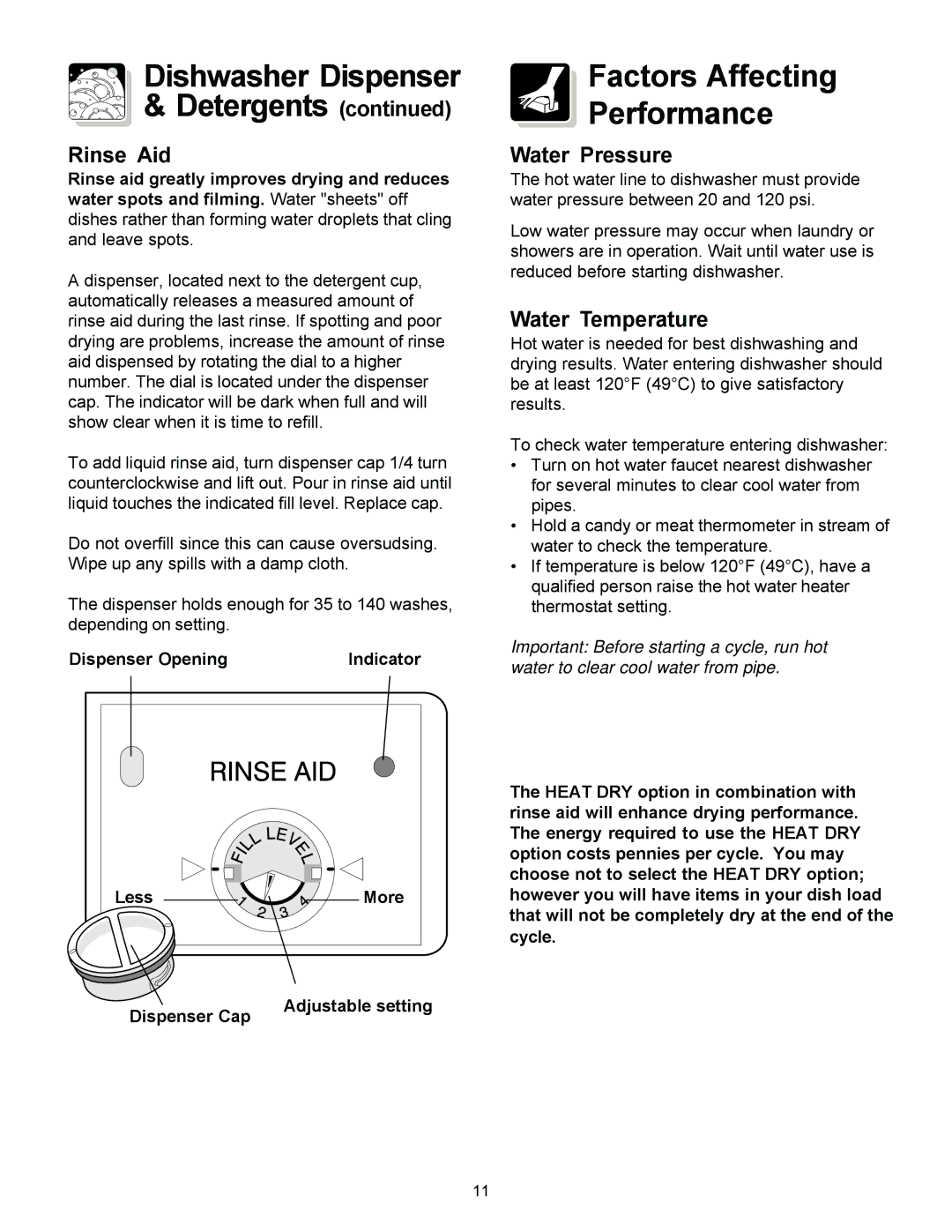 Frigidaire 1200 warranty Dishwasher Dispenser Detergents, Factors Affecting Performance, Rinse Aid, Water Pressure 