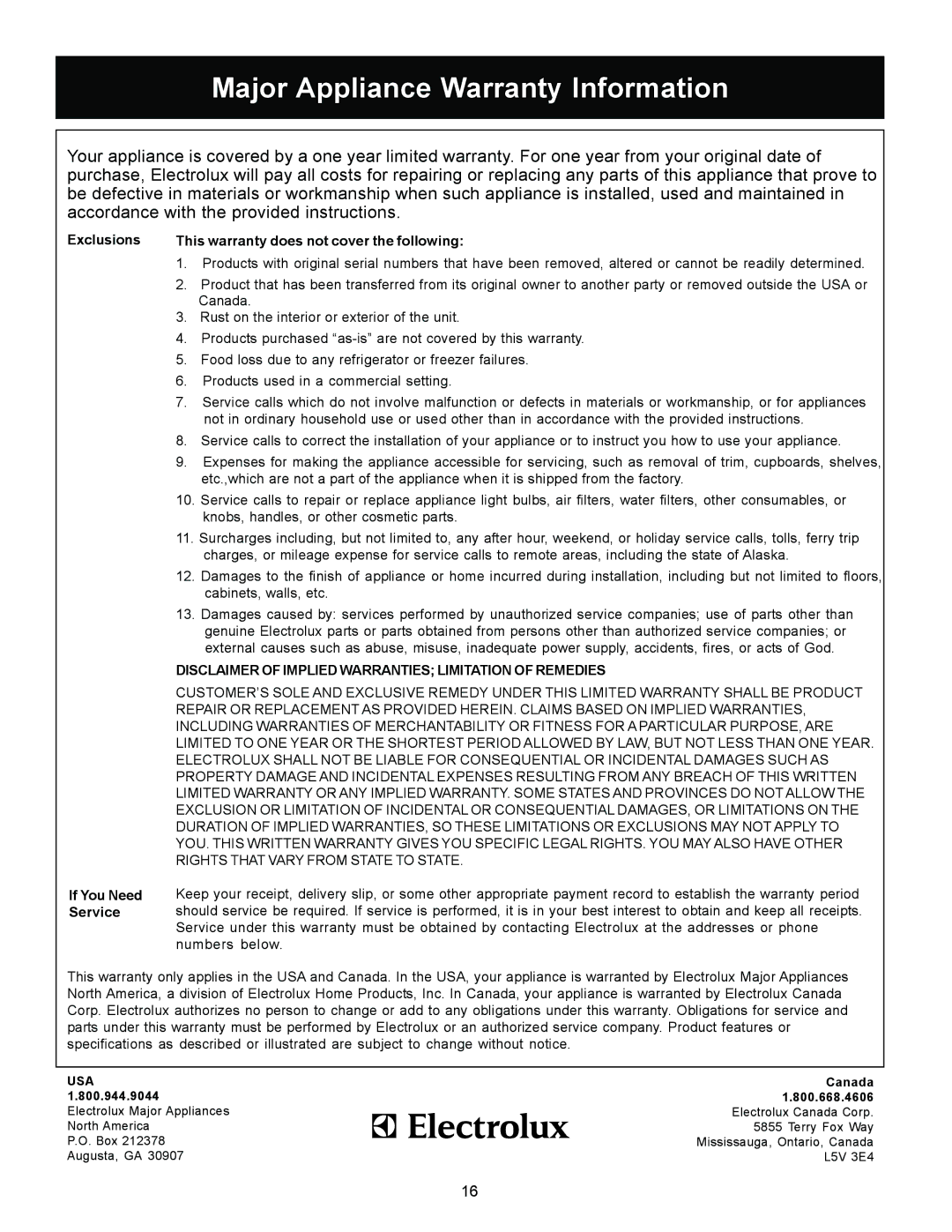 Frigidaire 1200 warranty Major Appliance Warranty Information 