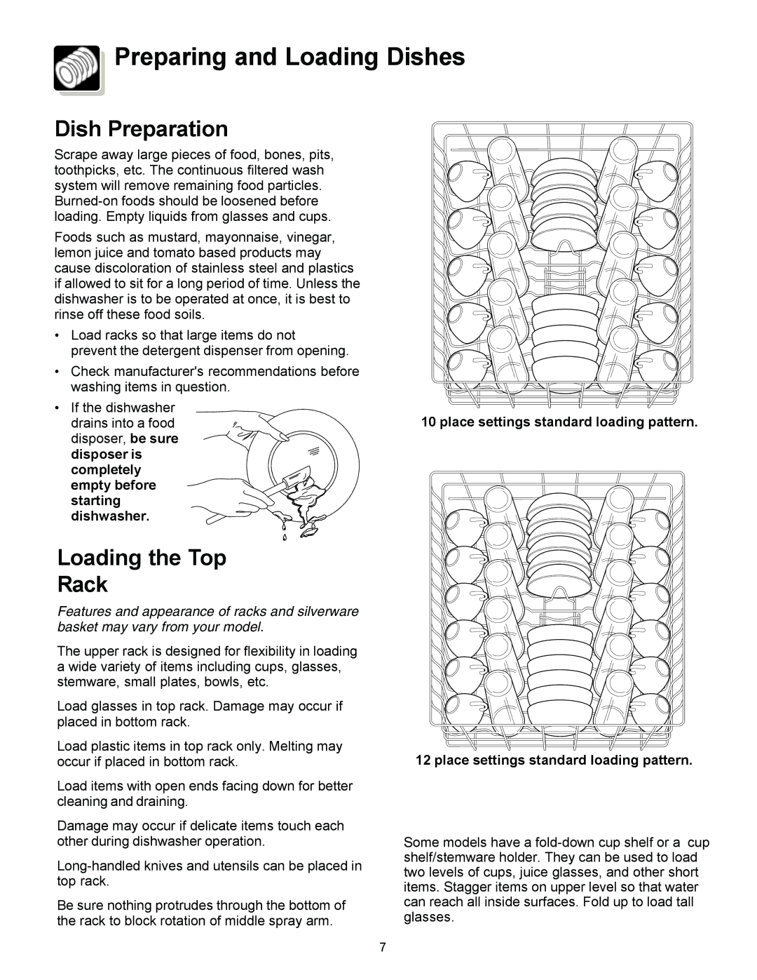 Frigidaire 1200 warranty Preparing and Loading Dishes, Dish Preparation, Loading the Top Rack 