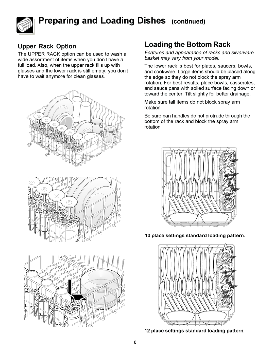 Frigidaire 1200 warranty Loading the Bottom Rack, Upper Rack Option 