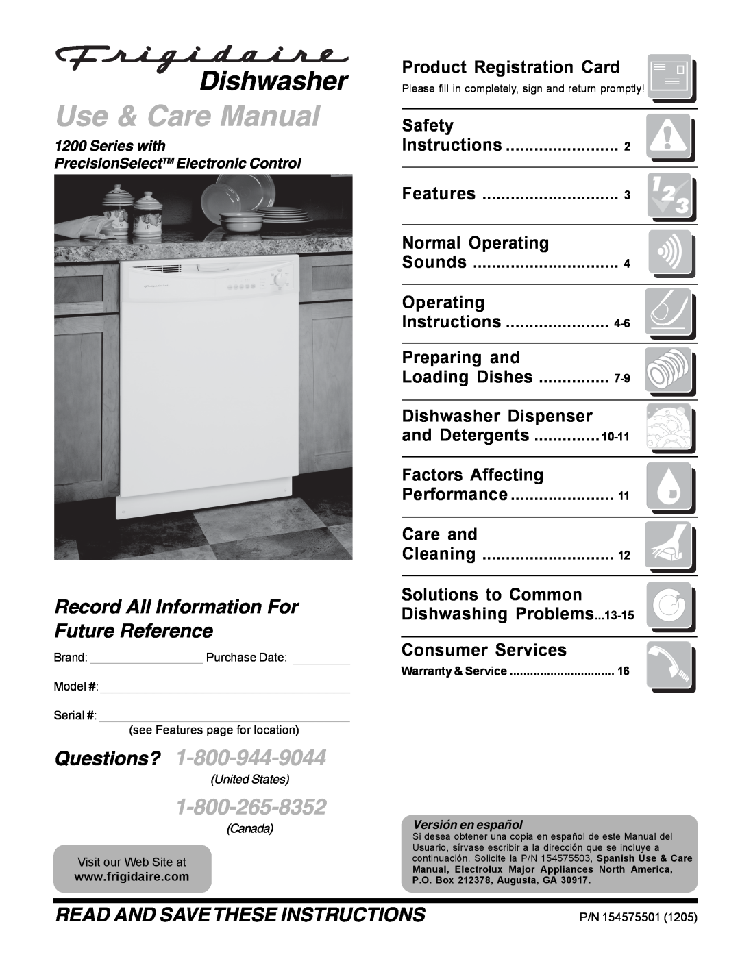 Frigidaire 1200 warranty Product Registration Card, Safety, Normal Operating, Preparing and, Dishwasher Dispenser 