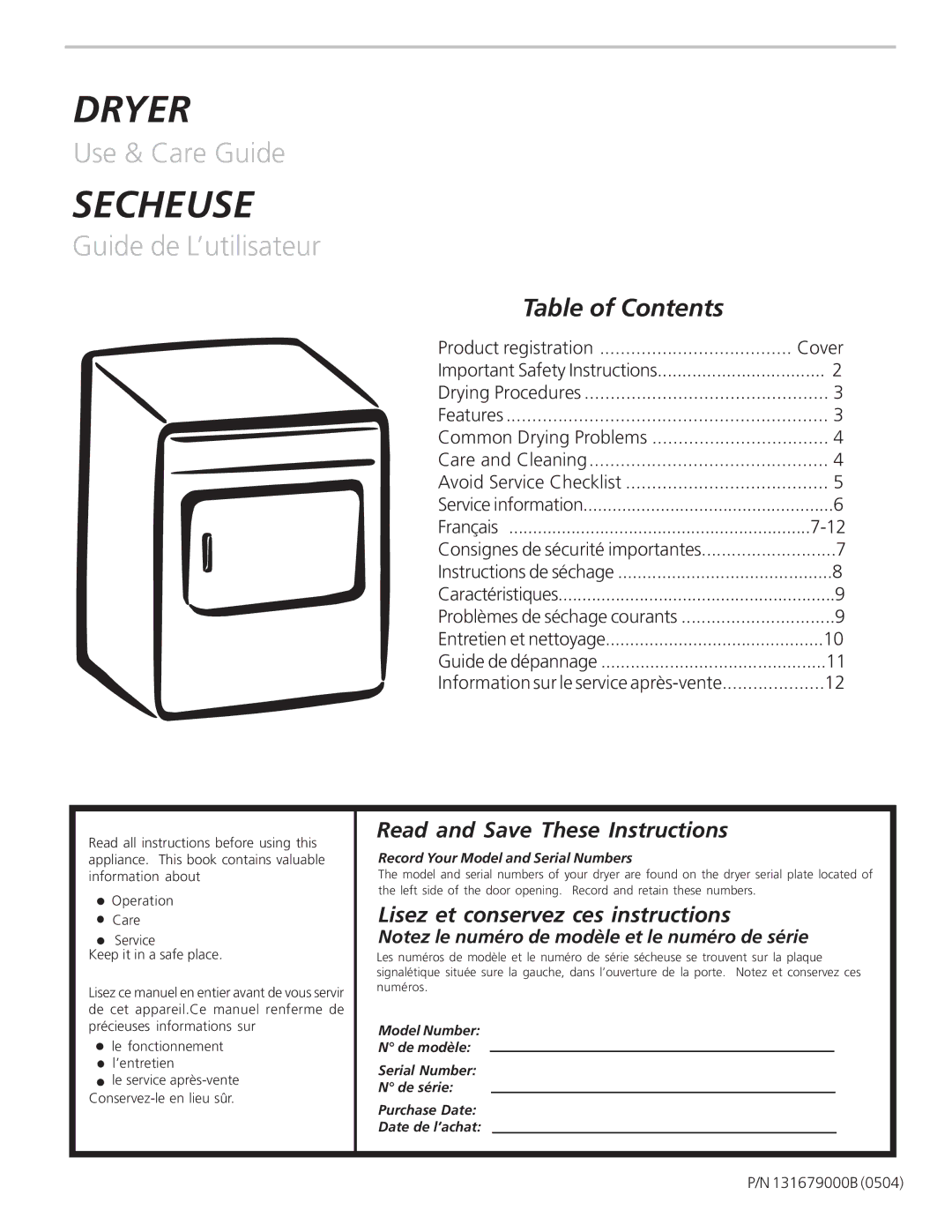 Frigidaire 131679000B important safety instructions Dryer 