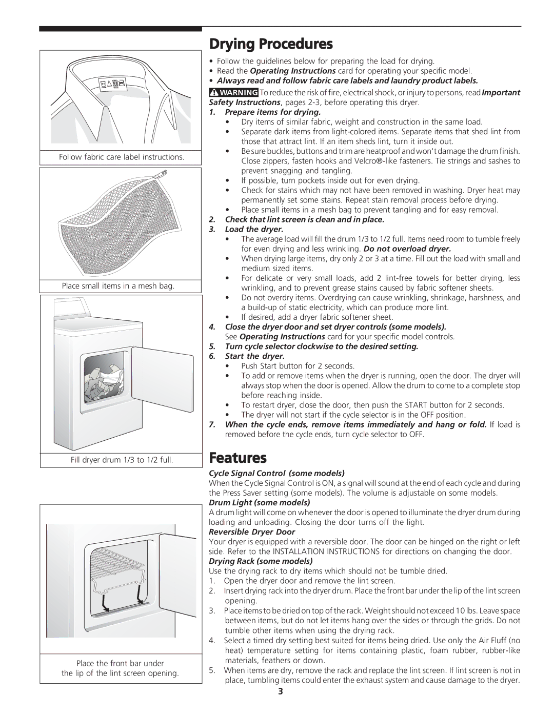 Frigidaire 131679000B important safety instructions Drying Procedures, Features 