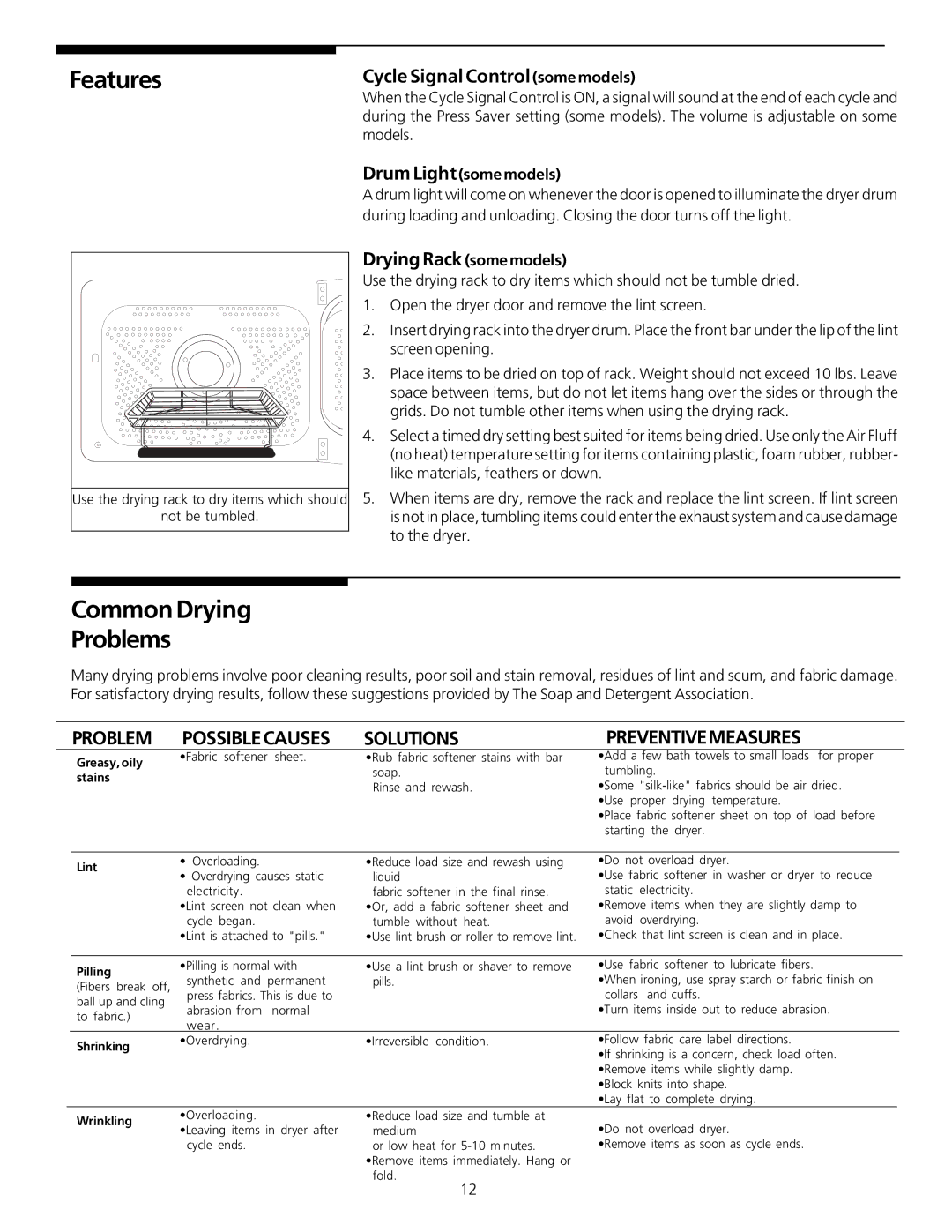 Frigidaire 131781700 manual Features, CommonDrying Problems, Cycle Signal Control some models, Drum Lightsome models 