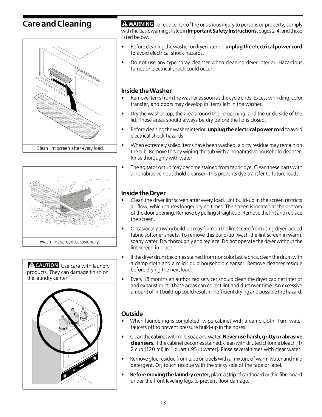 Frigidaire 131781700 manual Care and Cleaning, Inside the Washer, Inside the Dryer, Outside 