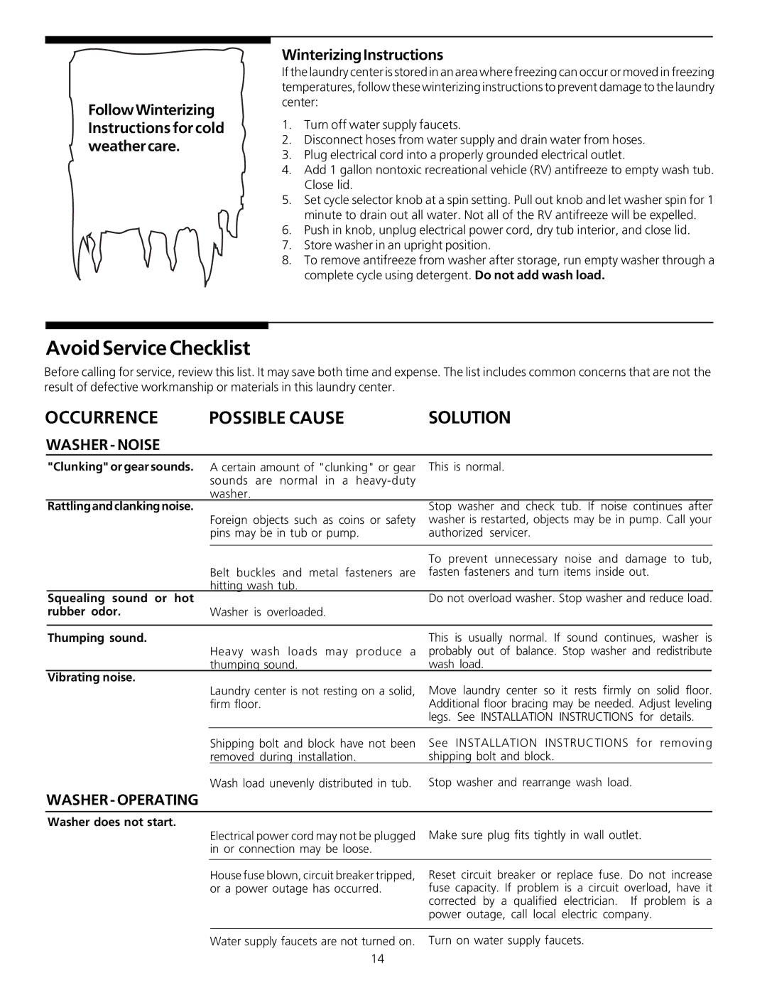 Frigidaire 131781700 manual Avoid Service Checklist, FollowWinterizing Instructions for cold weather care, Washer Noise 