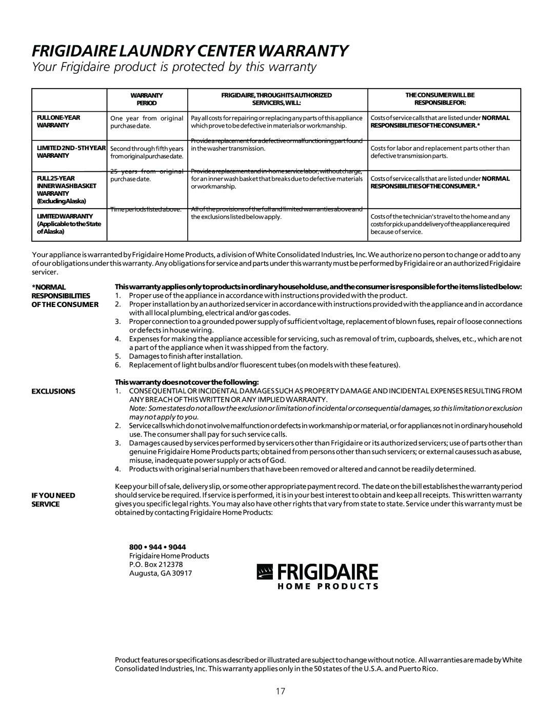 Frigidaire 131781700 manual Frigidaire Laundry Center Warranty 