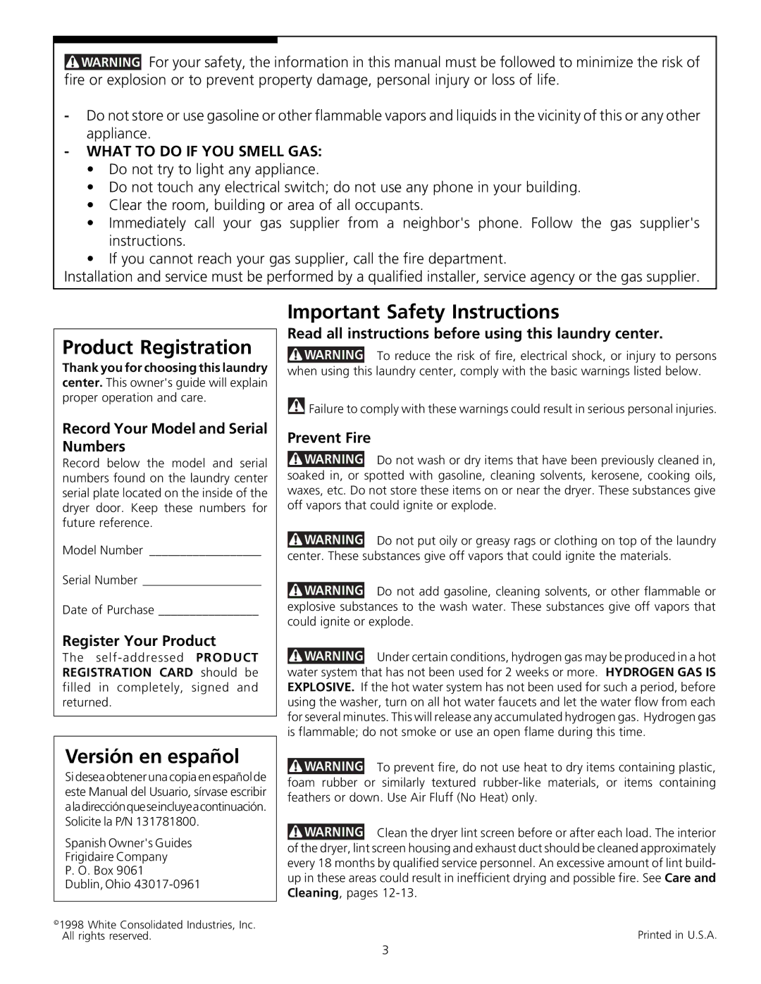 Frigidaire 131781700 Product Registration, Versión en español, Important Safety Instructions, What to do if YOU Smell GAS 