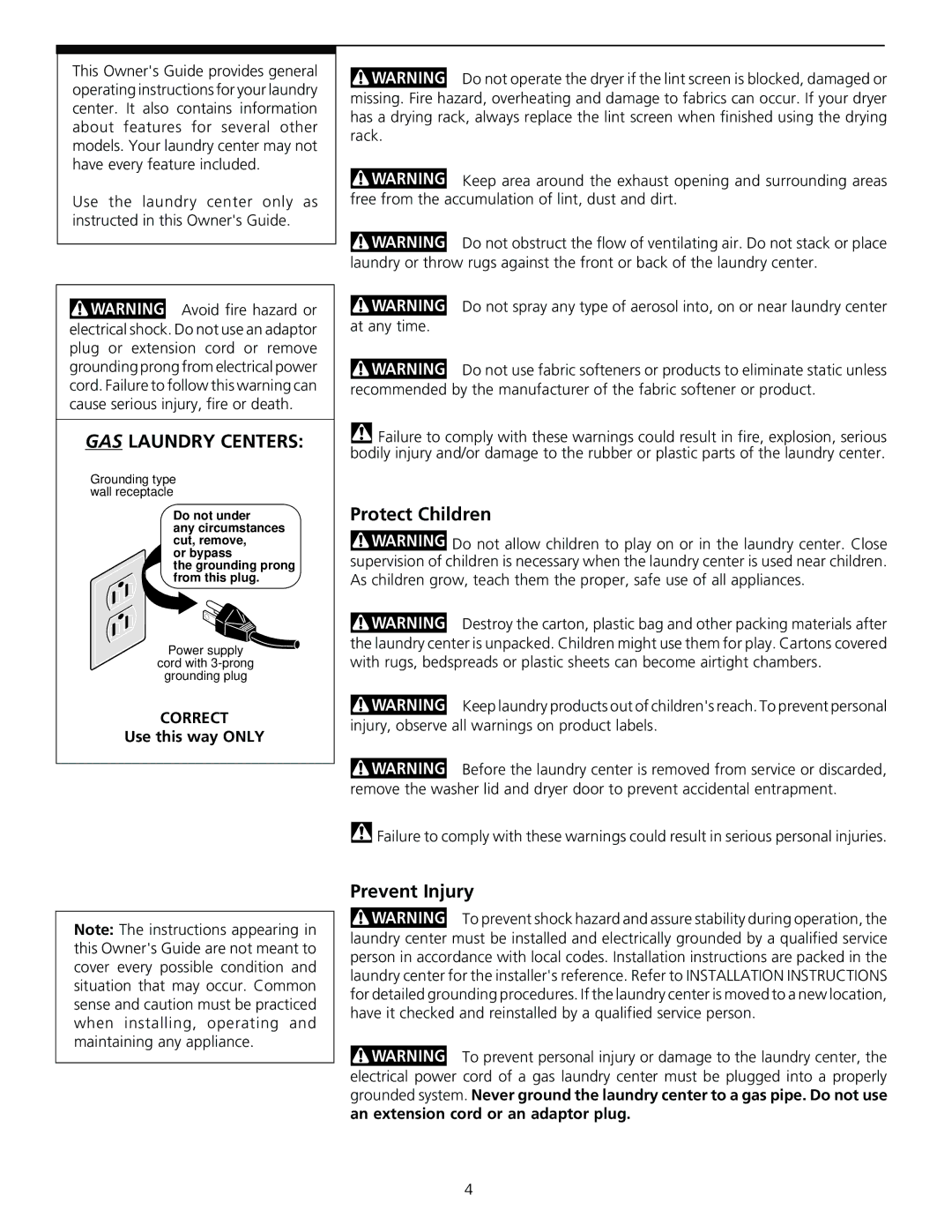 Frigidaire 131781700 manual GAS Laundry Centers, Protect Children, Prevent Injury, Use this way only 