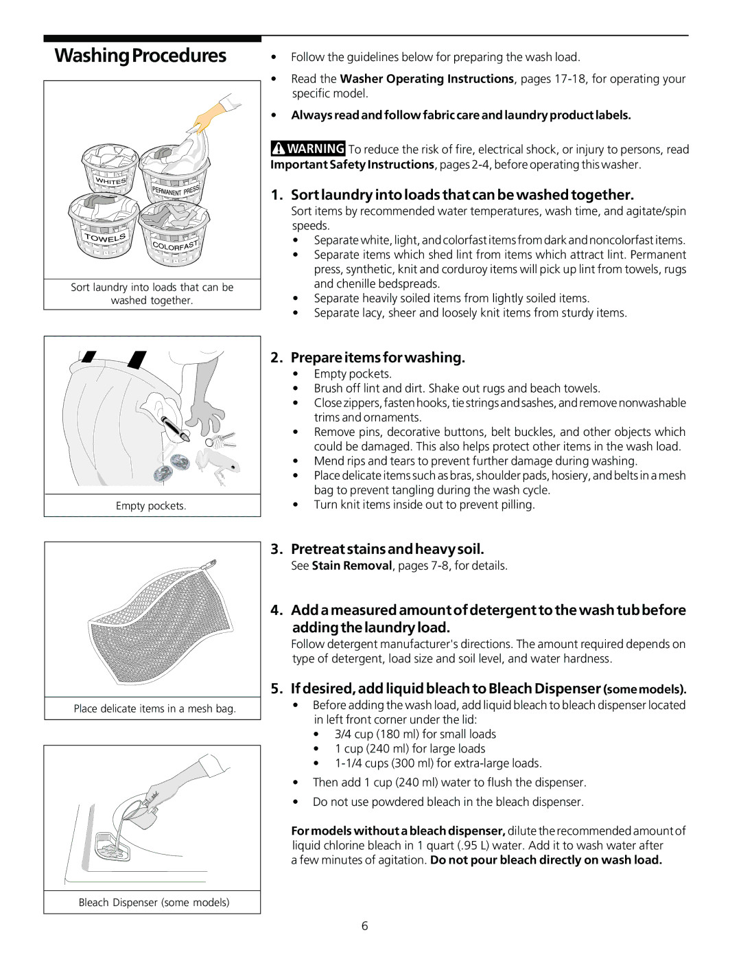 Frigidaire 131781700 WashingProcedures, Sort laundry into loads that can be washed together, Prepare items for washing 