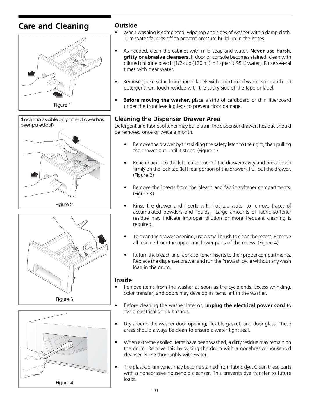 Frigidaire 131842800 warranty Care and Cleaning, Outside, Cleaning the Dispenser Drawer Area, Inside 