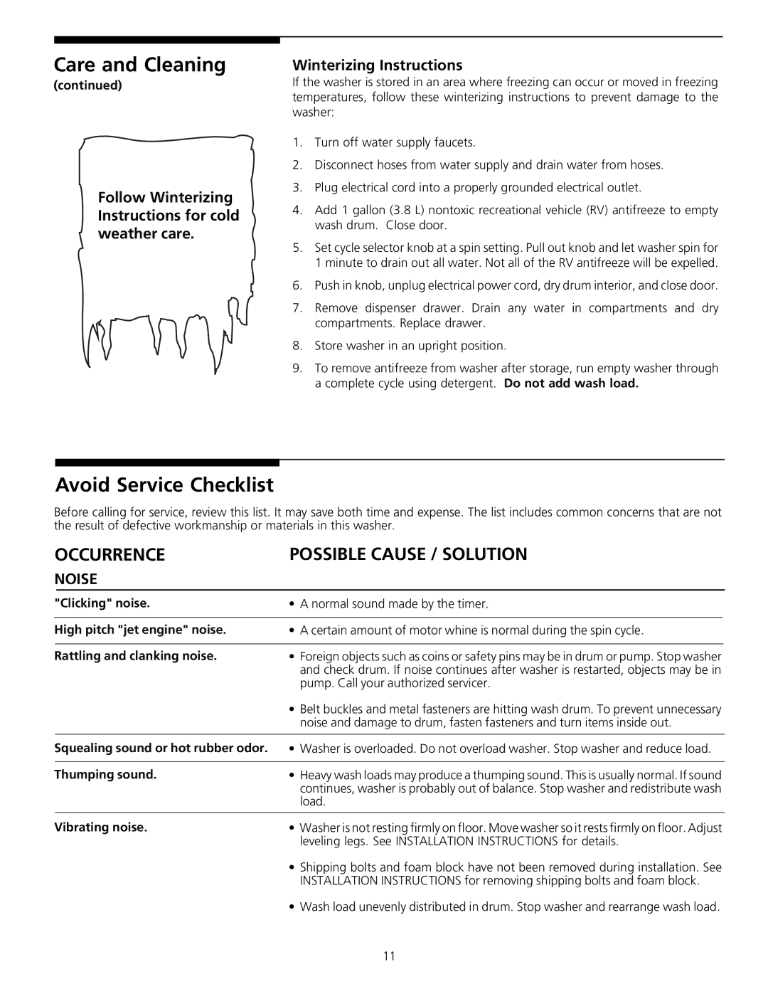 Frigidaire 131842800 warranty Avoid Service Checklist, Follow Winterizing Instructions for cold weather care, Noise 