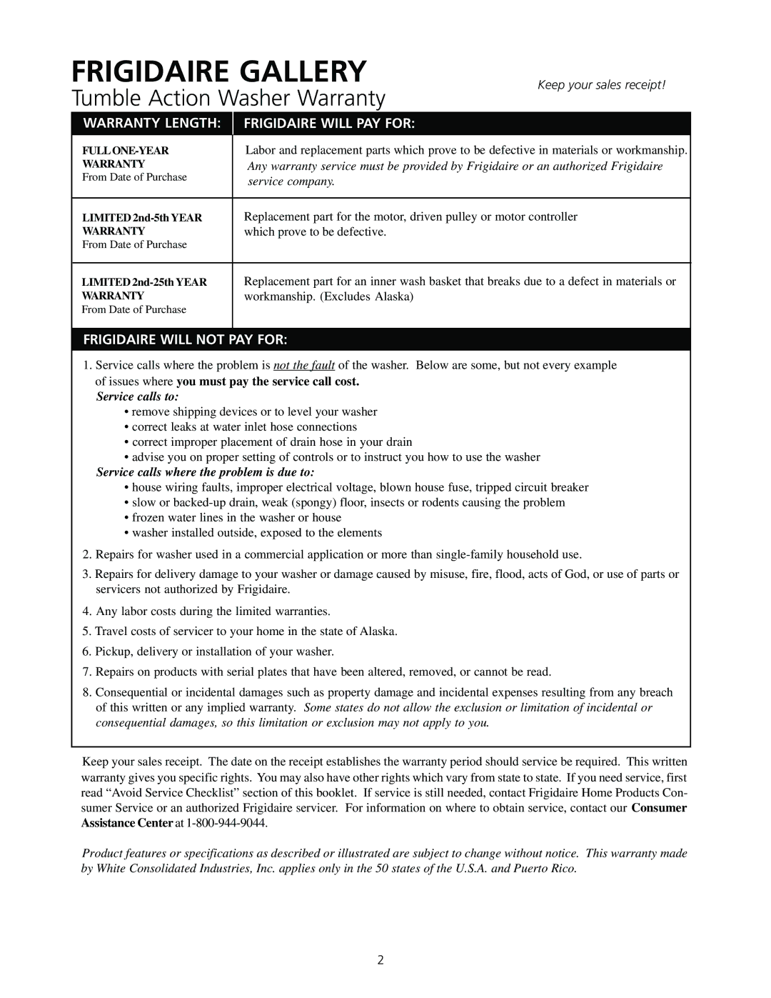 Frigidaire 131842800 warranty Frigidaire Gallery 