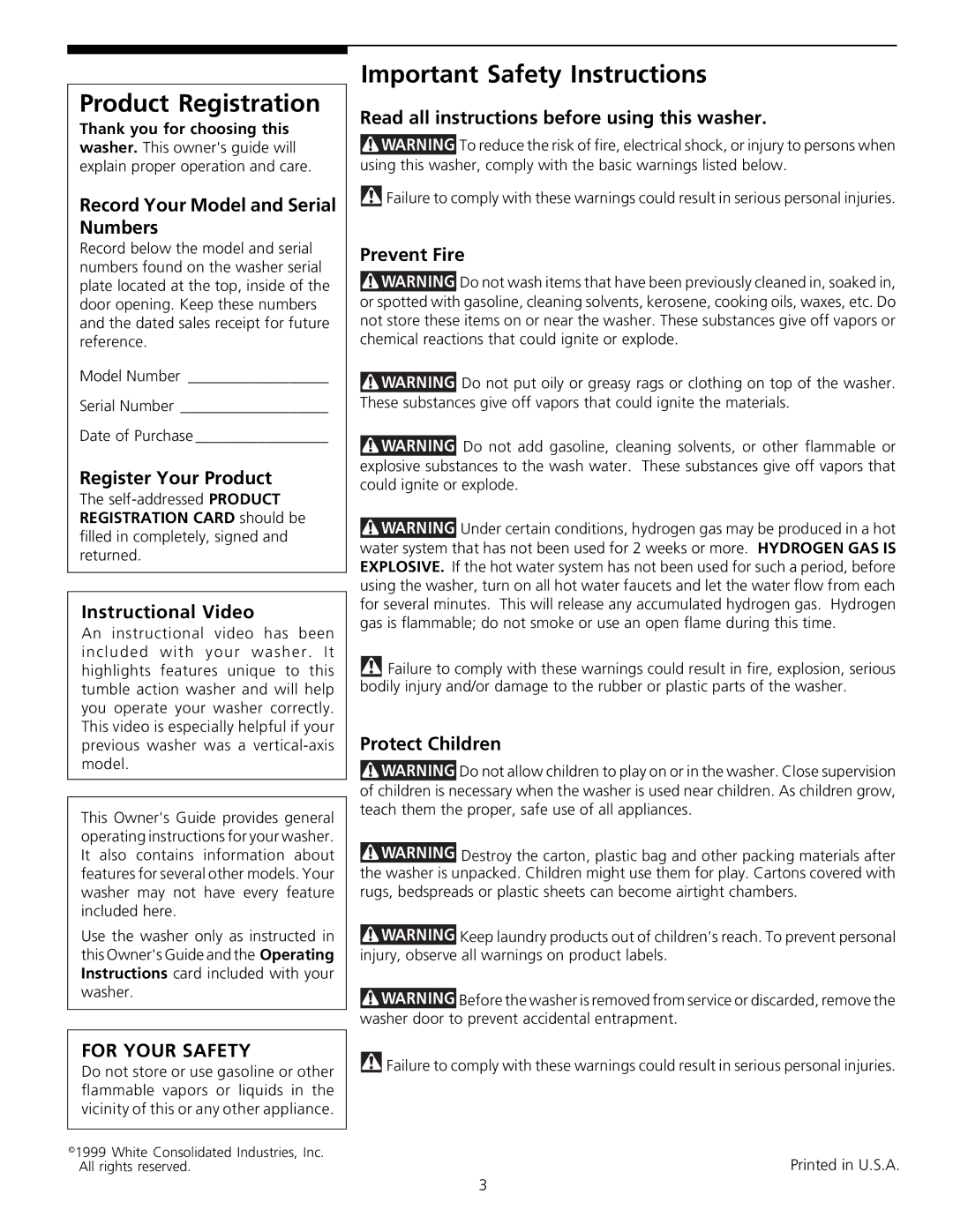 Frigidaire 131842800 warranty Product Registration, Important Safety Instructions, For Your Safety 