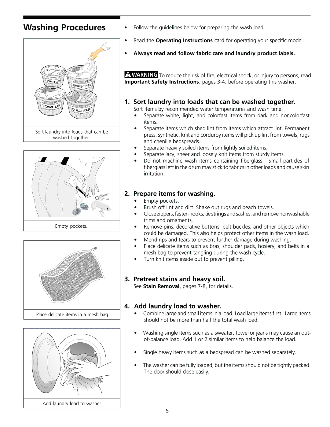 Frigidaire 131842800 Washing Procedures, Sort laundry into loads that can be washed together, Prepare items for washing 