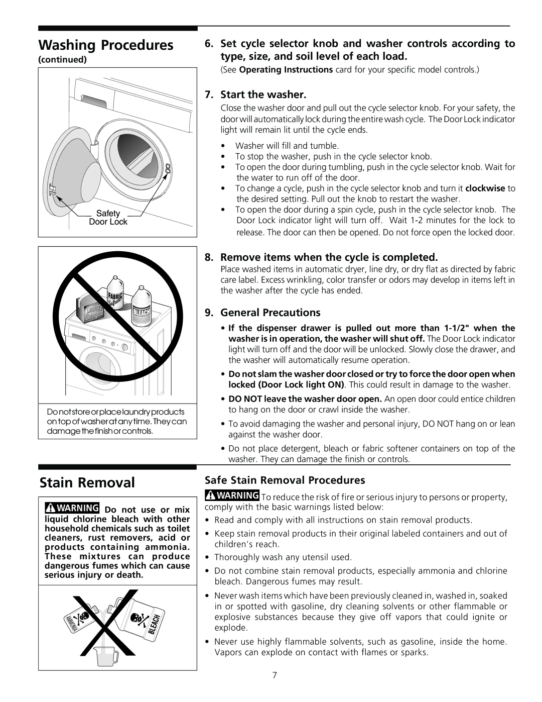 Frigidaire 131842800 Stain Removal, Start the washer, Remove items when the cycle is completed, General Precautions 