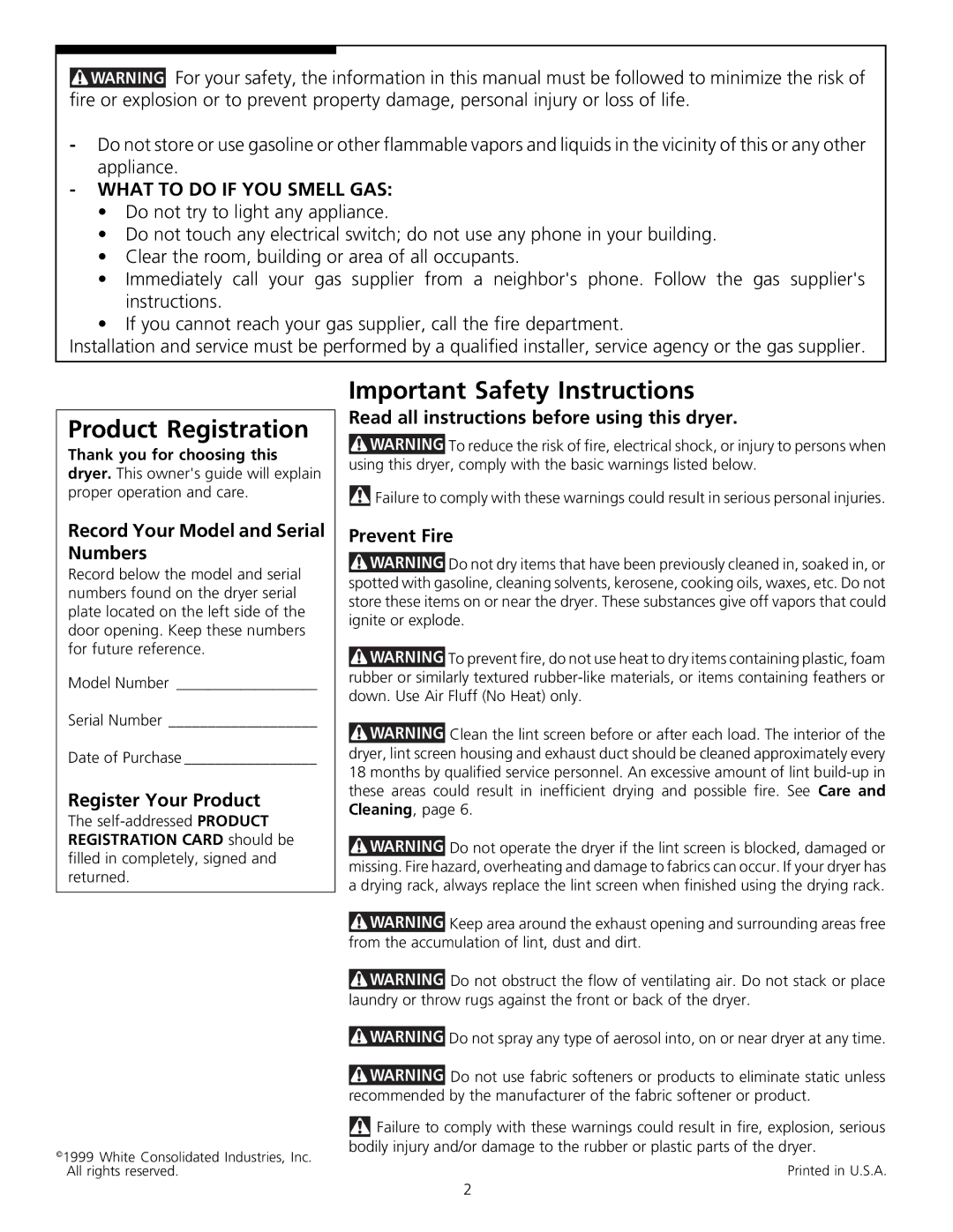 Frigidaire 131842900 (9903) manual Product Registration, Important Safety Instructions, What to do if YOU Smell GAS 