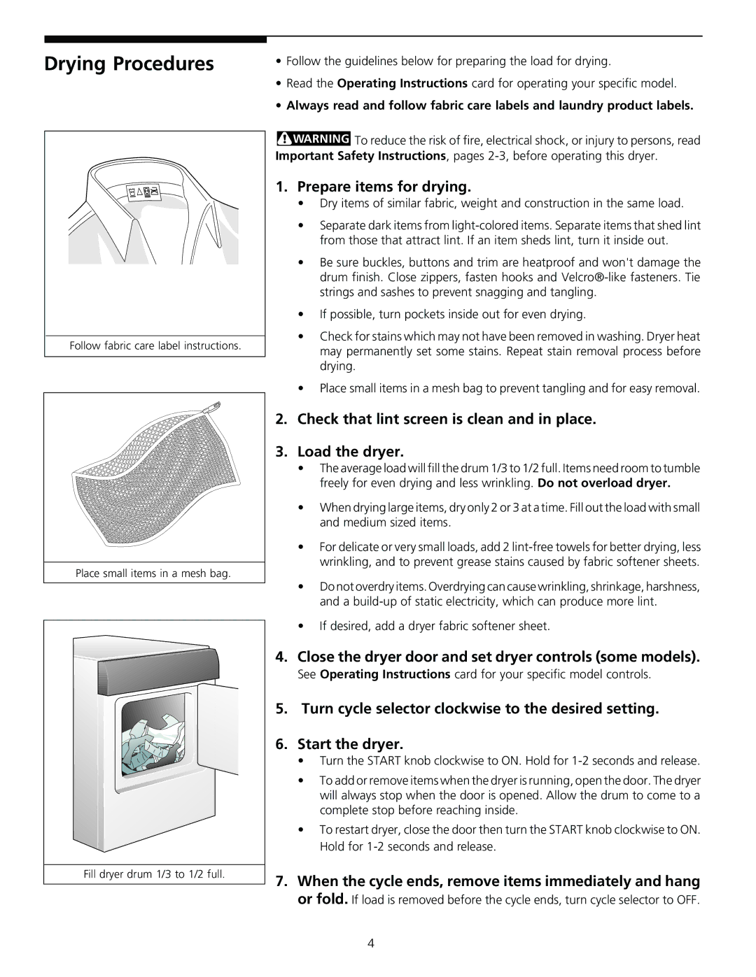 Frigidaire 131842900 (9903) manual Drying Procedures, Prepare items for drying 