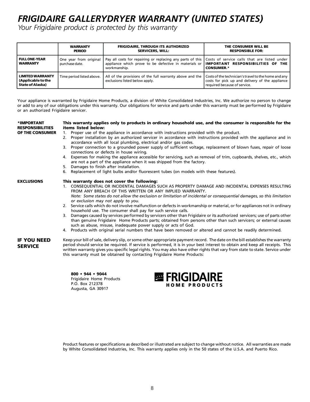 Frigidaire 131842900 (9903) manual Frigidaire Gallerydryer Warranty United States 