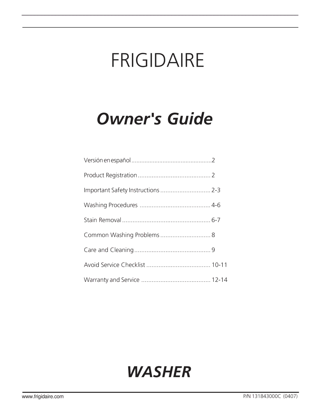 Frigidaire 131843000C important safety instructions Frigidaire 