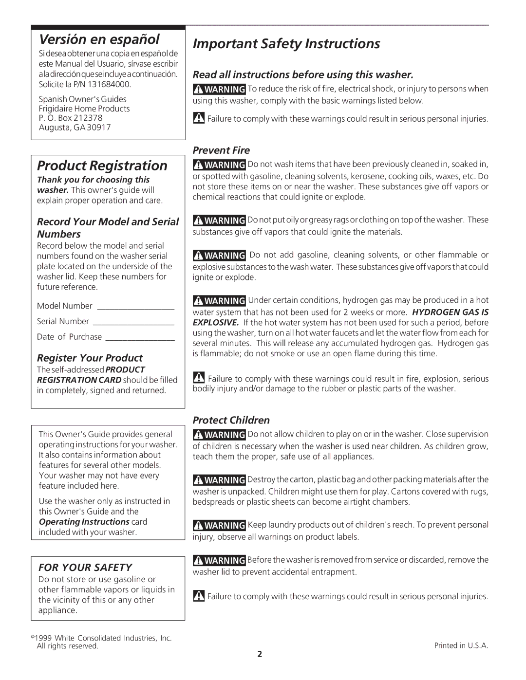 Frigidaire 131843000C Read all instructions before using this washer, Record Your Model and Serial Numbers, Prevent Fire 