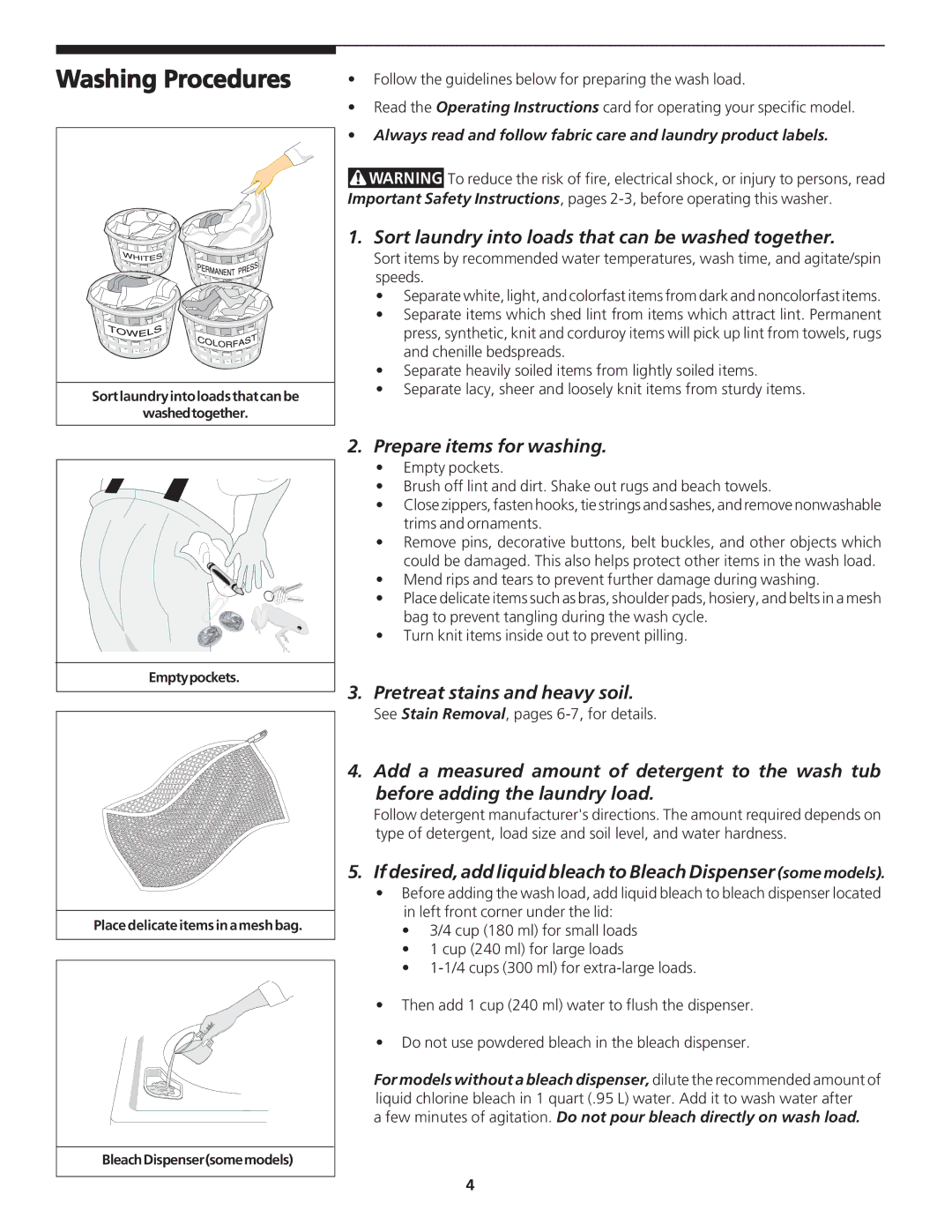 Frigidaire 131843000C Washing Procedures, Sort laundry into loads that can be washed together, Prepare items for washing 