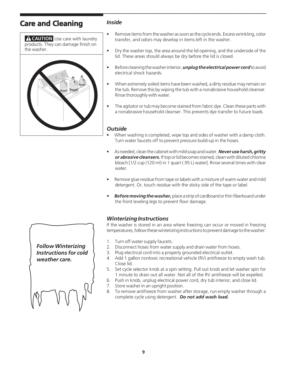 Frigidaire 131843000C important safety instructions Care and Cleaning, Outside, Winterizing Instructions 