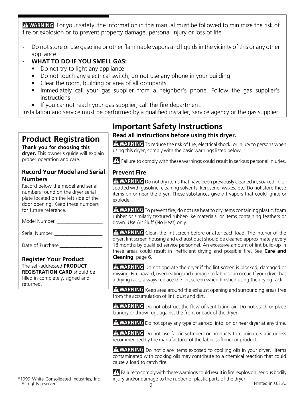 Frigidaire 131882000 (9907) manual Product Registration, Important Safety Instructions, What to do if YOU Smell GAS 