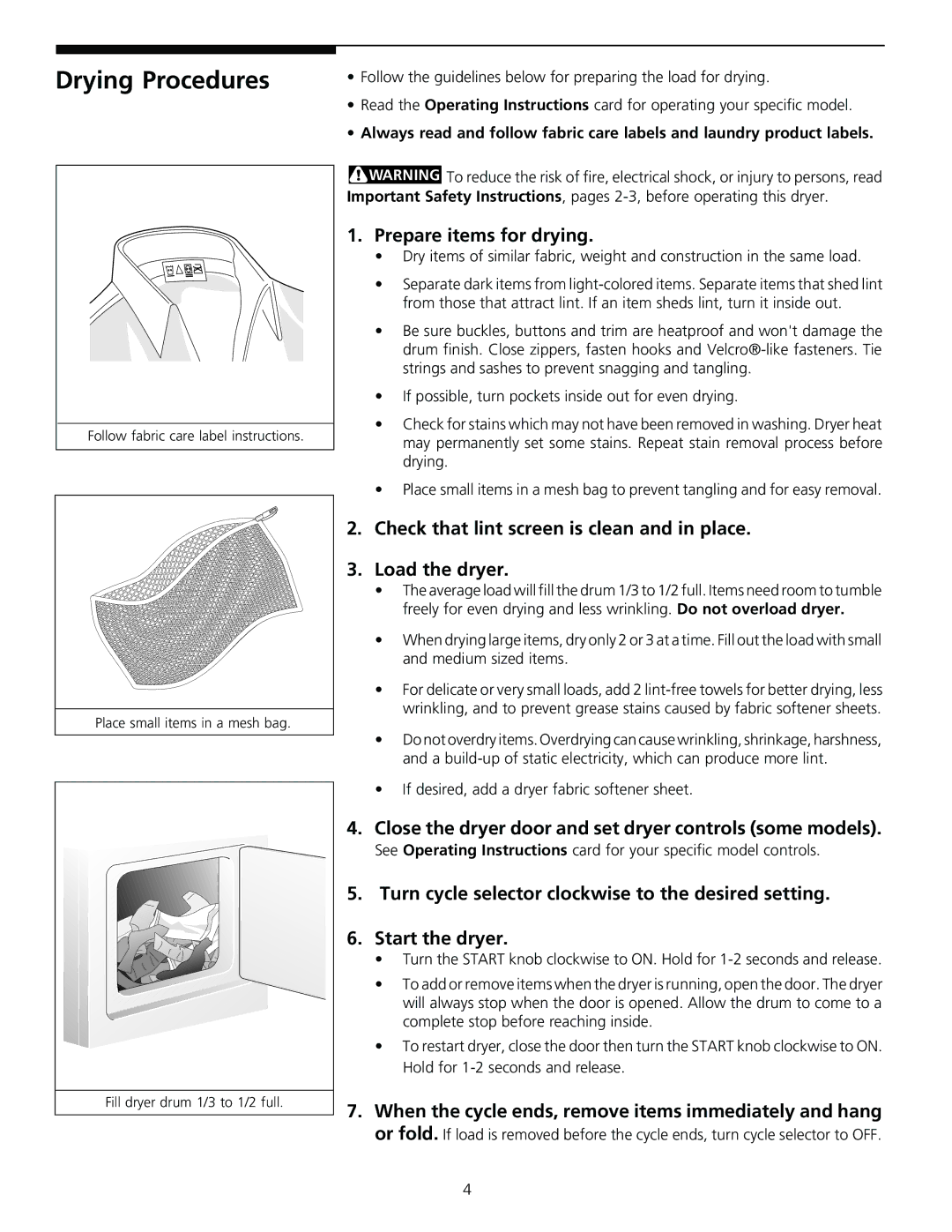 Frigidaire 131882000 (9907) manual Drying Procedures, Prepare items for drying 