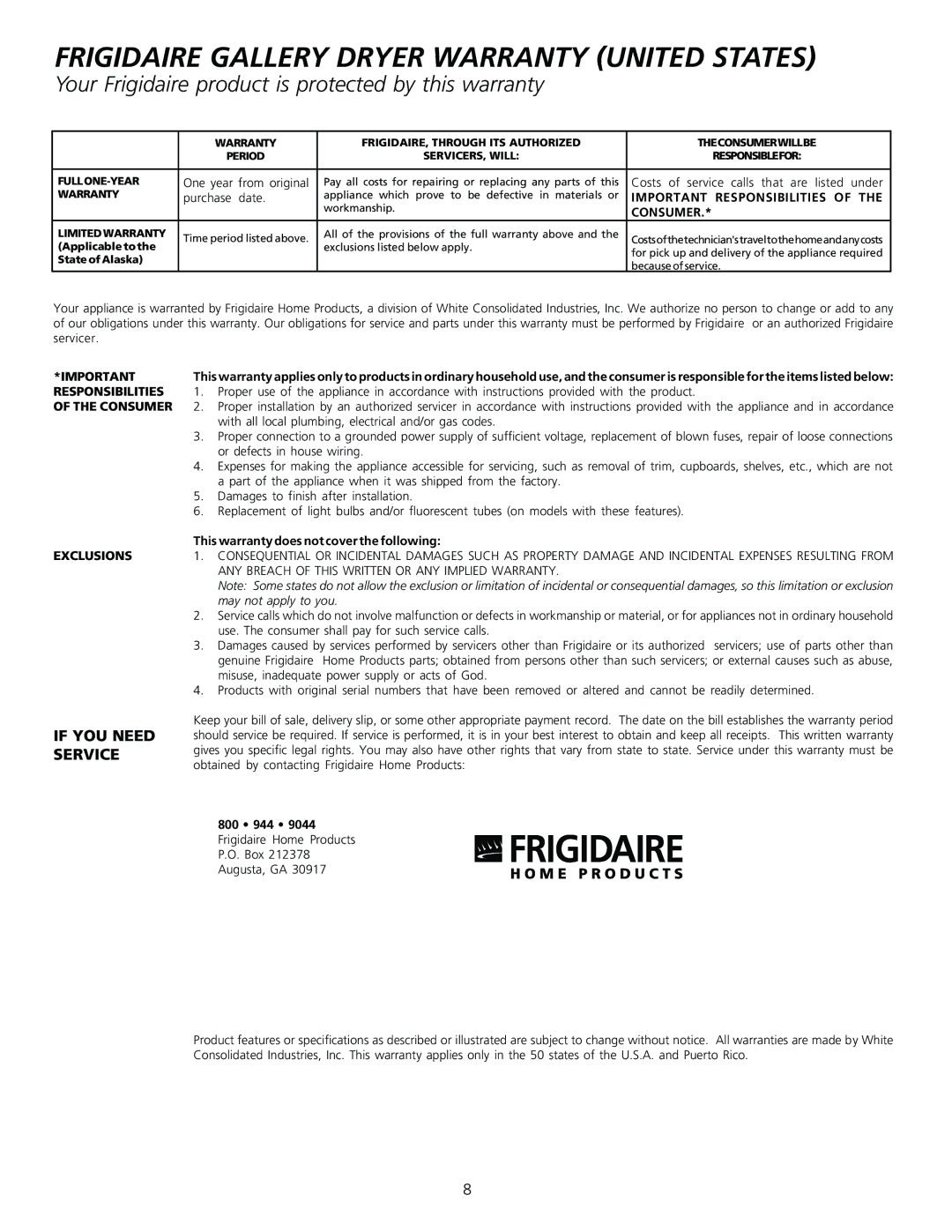 Frigidaire 131882000 (9907) manual Frigidaire Gallery Dryer Warranty United States 