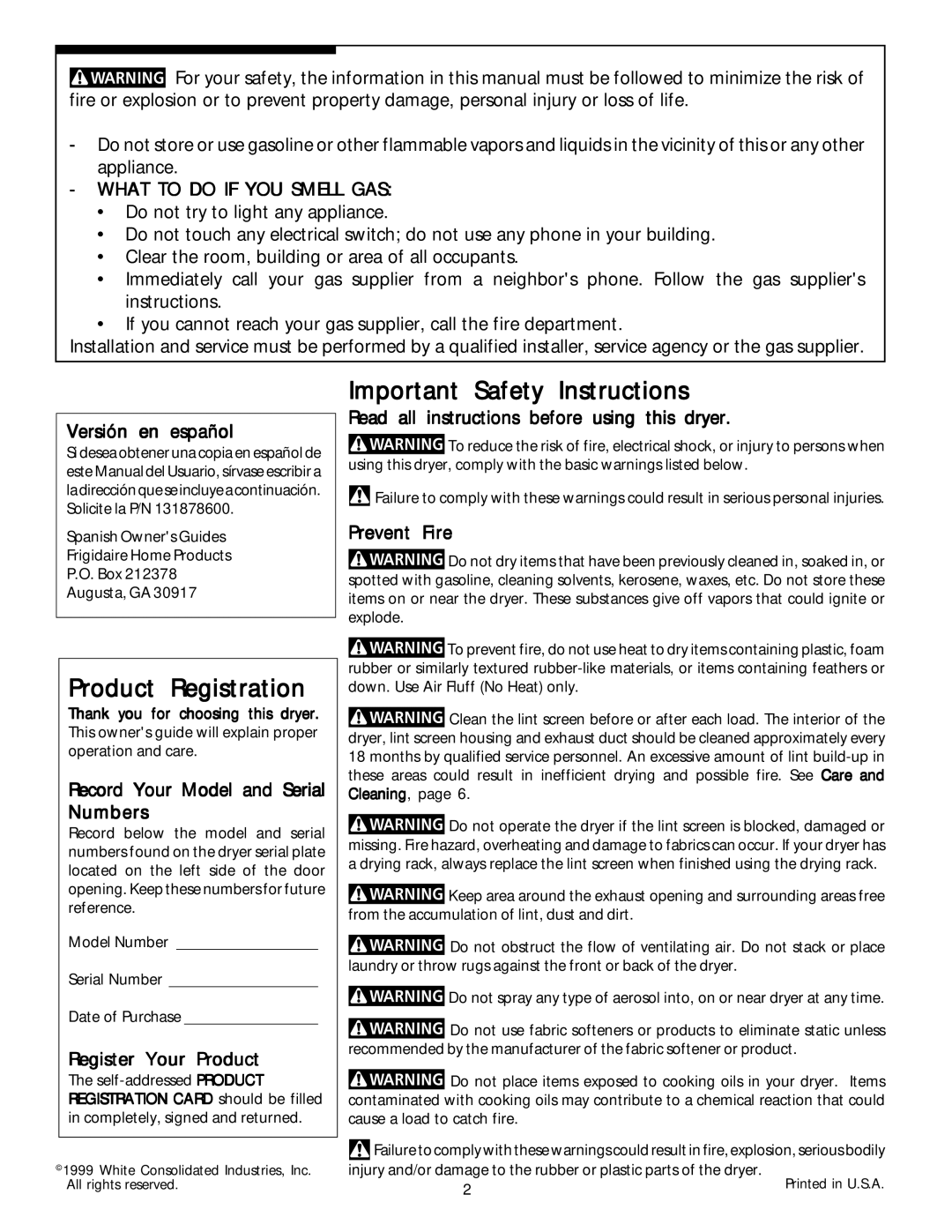 Frigidaire 131883500 manual Product Registration, Important Safety Instructions, What to do if YOU Smell GAS 