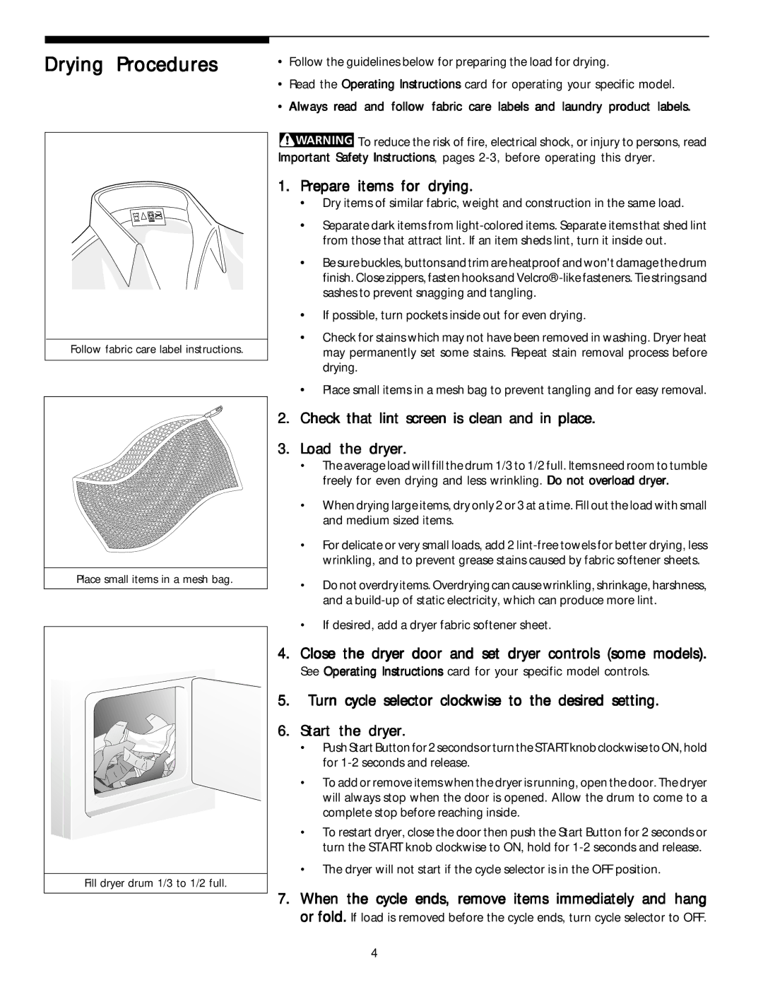 Frigidaire 131883500 Drying Procedures, Prepare items for drying, Close the dryer door and set dryer controls some models 