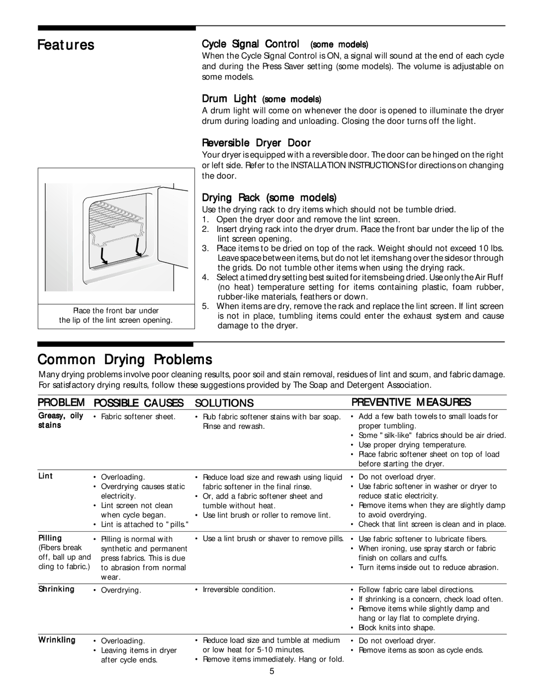 Frigidaire 131883500 manual Features, Common Drying Problems, Problem Possible Causes Solutions 