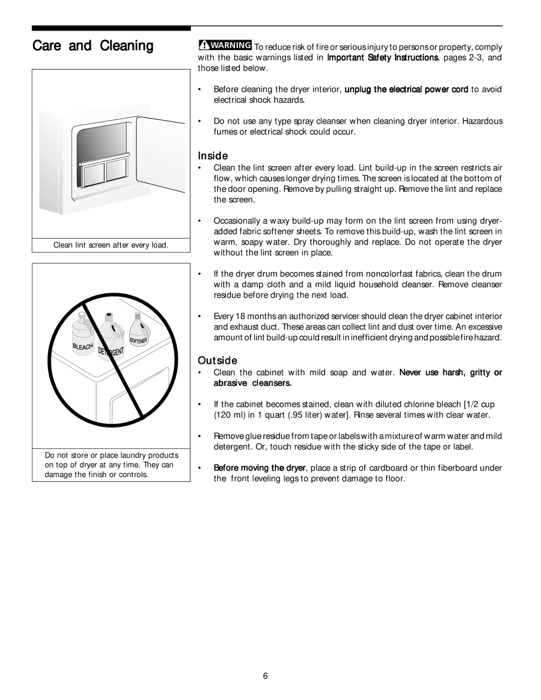 Frigidaire 131883500 manual Care and Cleaning, Inside, Outside, Clean lint screen after every load 