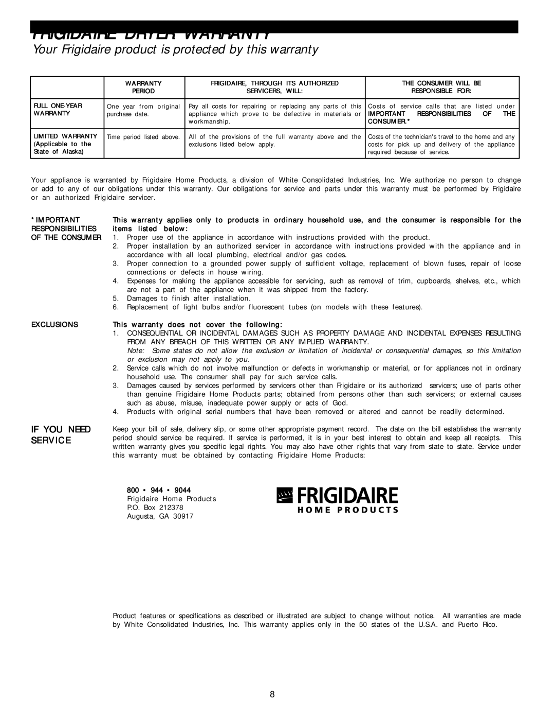 Frigidaire 131883500 manual Frigidaire Dryer Warranty 